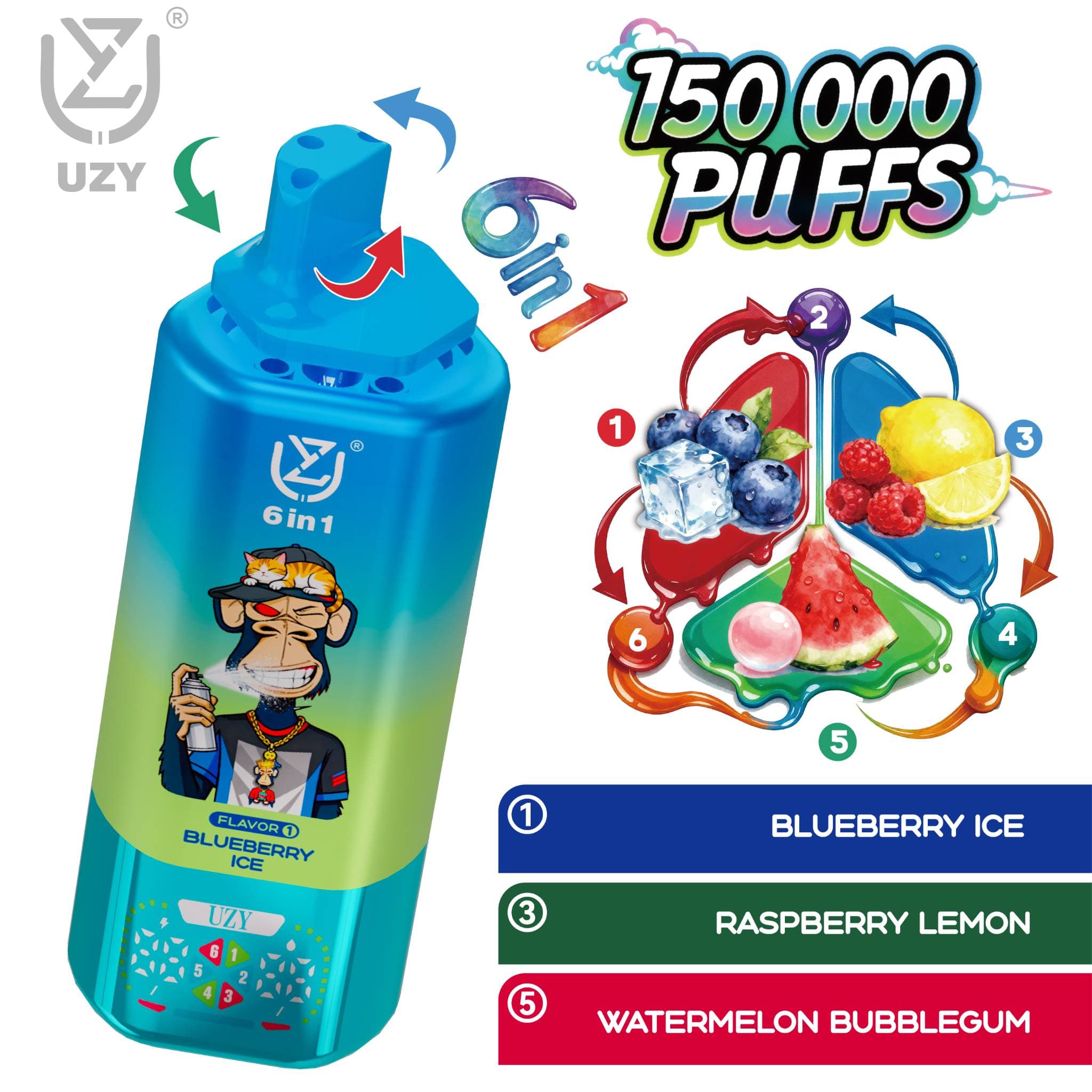 10 cigarettes électroniques jetables UZY 6 en 1, 150 000 bouffées de liquide, système de saveur rotatif 6 en 1.