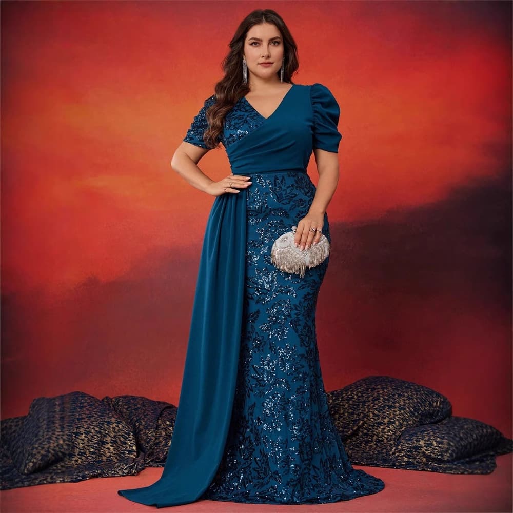 Elegant Plus Size Sequin Embellished V-Neck Short Sleeve Cocktail Party Dress For Women