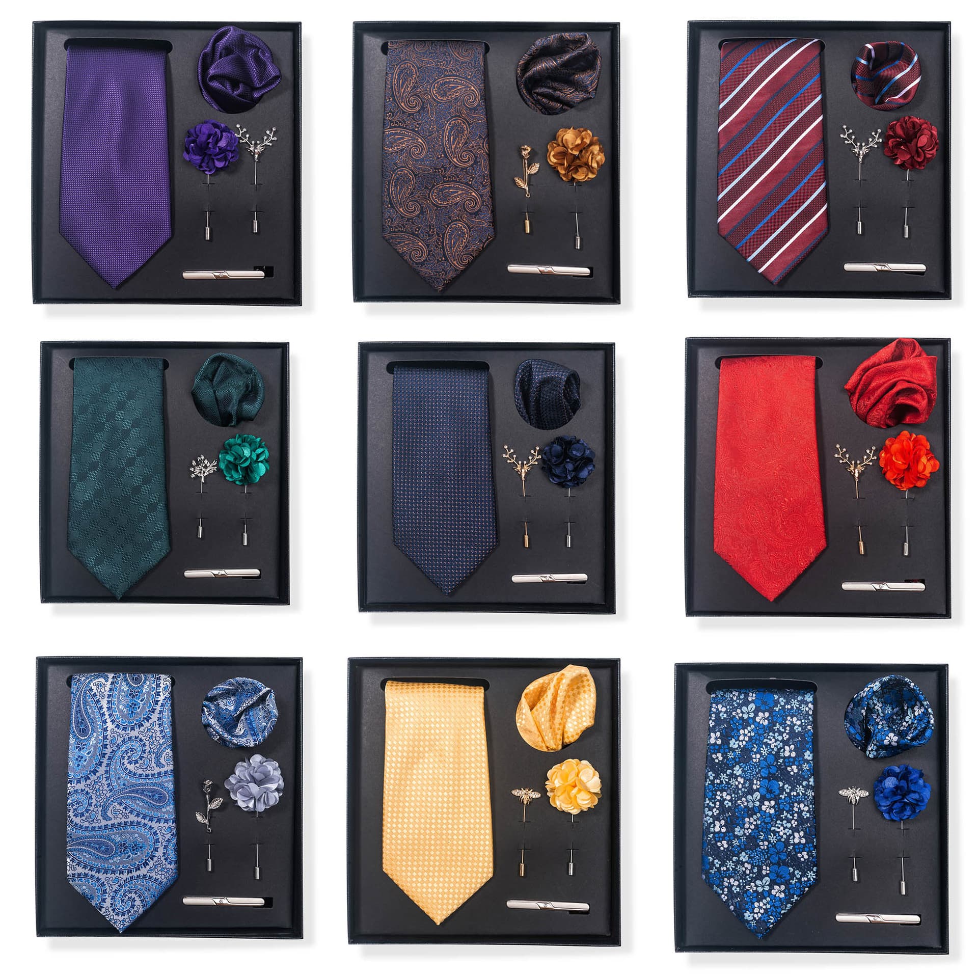 2024 New Hot Selling Fashion Tie Business Men's Trendy Clear Color Striped Cashew Nut Tie 6-piece Gift Box Square Scarf Tie Clip Bust Set