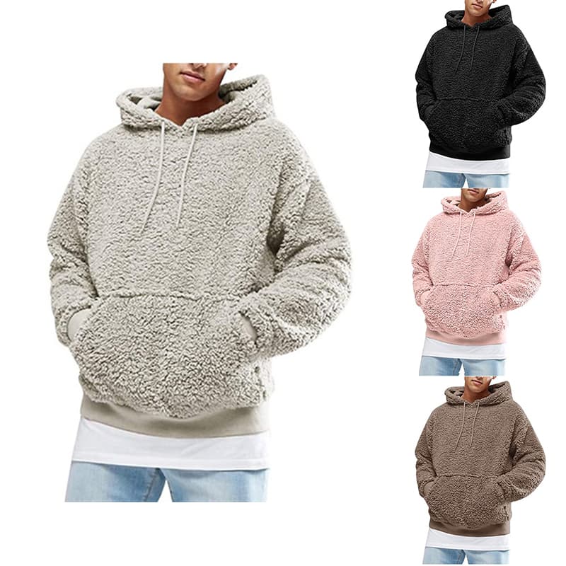 Autumn Winter Men Tops Fashion Casual Men Drawstring Hooded Long Sleeve Pullover Hoodie Lamb Plush Thick Pocket Sweatshirt