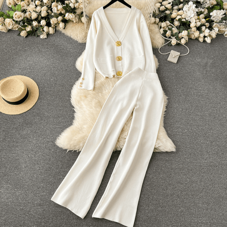 Women's Clothing small dress versatile metal button long sleeved cardigan sweater wide leg pants knitted two piece suit