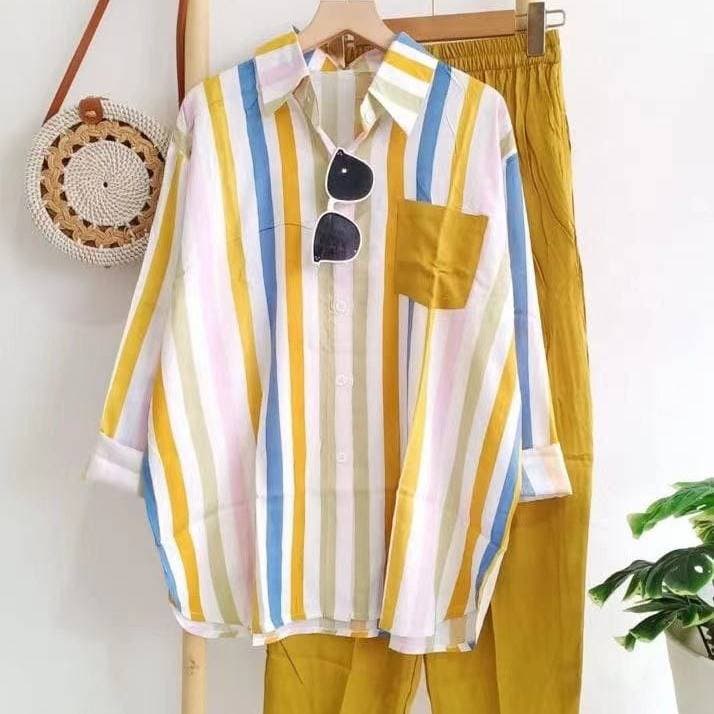 Spring And Summer Leisure Cotton And Linen Vacation Striped Comfortable Long-sleeved Two-piece Suit