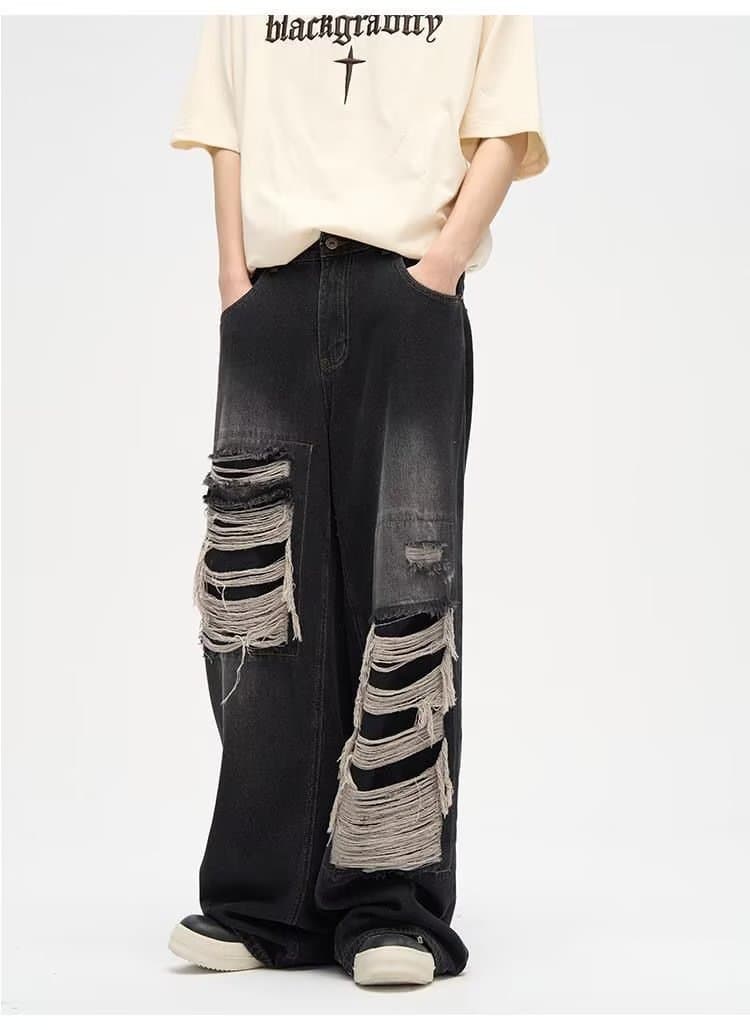 Retro Ripped Jeans For Men, Summer Wash, Distressed, Loose Fit, Wide Leg, Straight Leg, Floor-length, Trendy High-street Style.