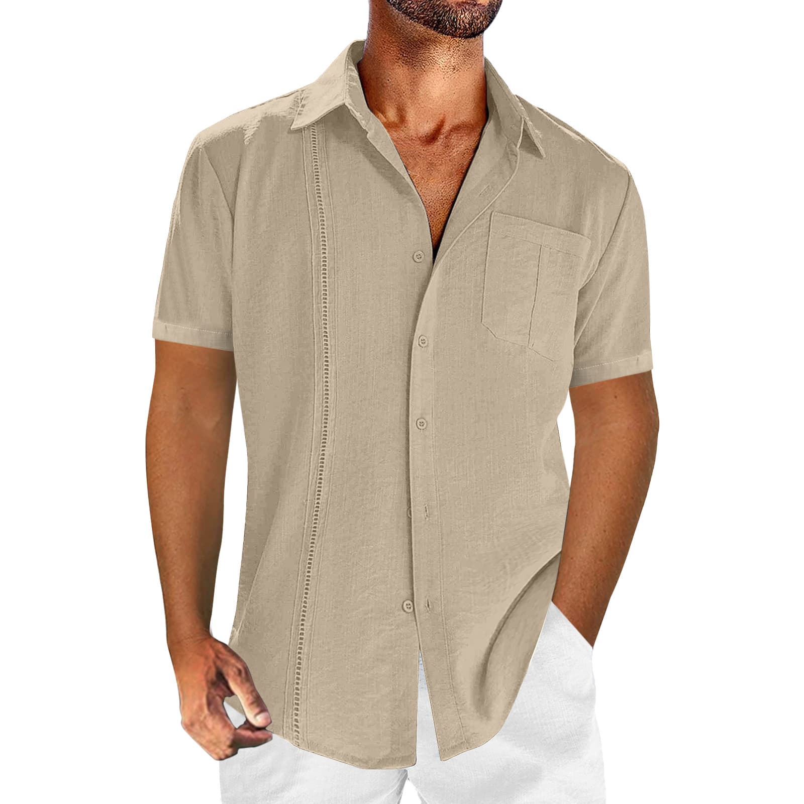 Men's Clothing selling casual lace men's short-sleeved cotton and linen shirt