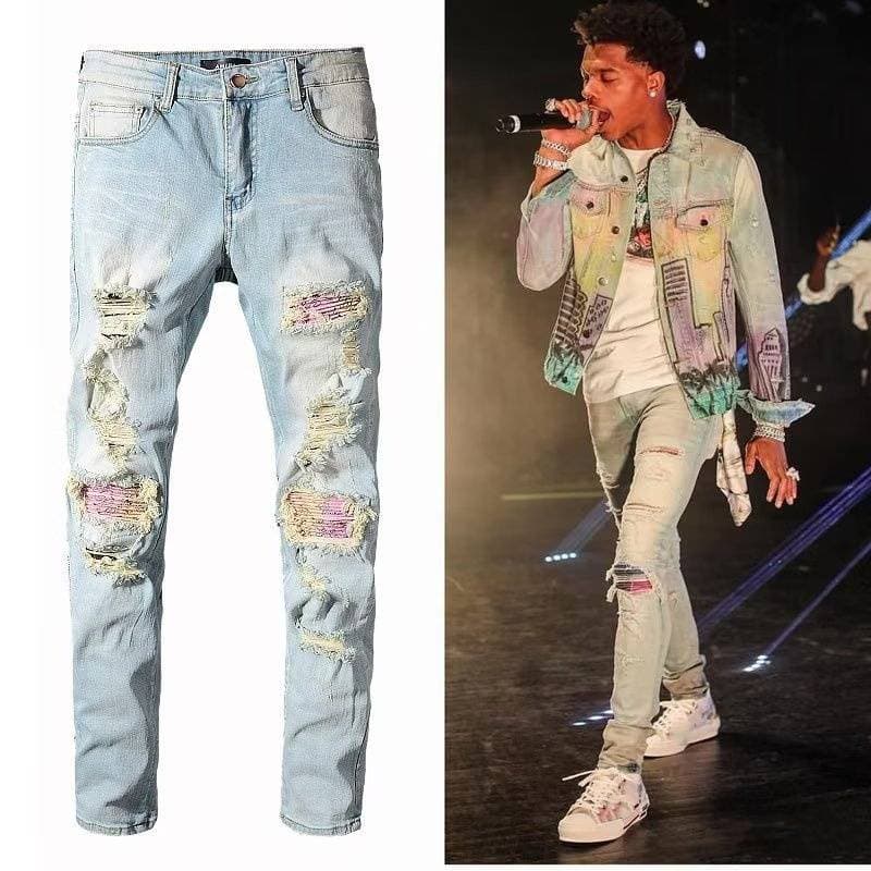 Men's Clothing High Street Fashion Brand Old Patch Paint Graffiti Hole Elastic Slim Washed Light Color Jeans