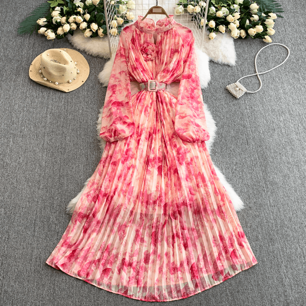 2025 Summer New French Style Women's Wear Lace Stand Collar Waist Pleated Mid Length Printed Dress