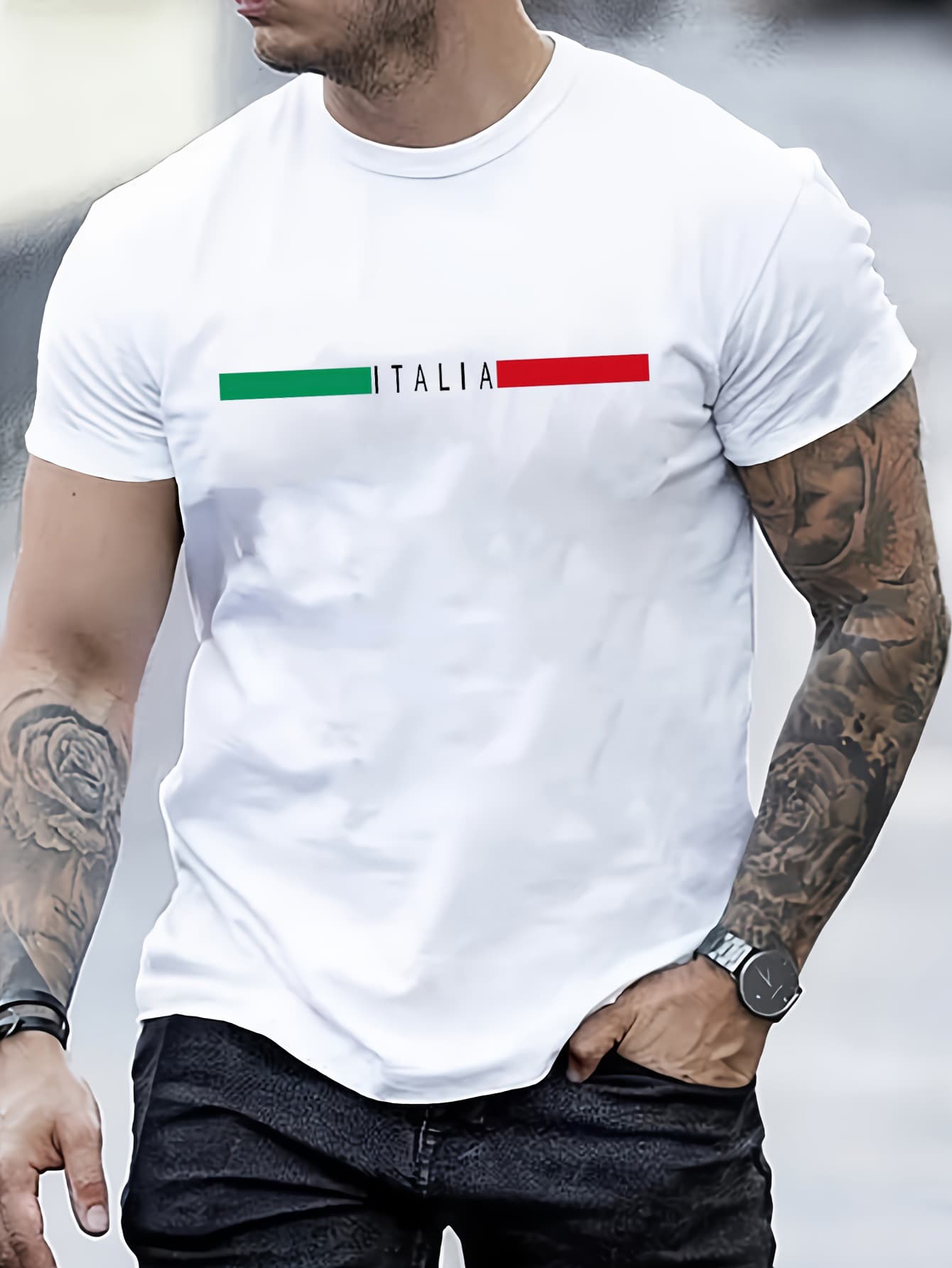 100% Pure Cotton Men's Spring And Autumn Fashion Short Sleeved T-shirt Italia Print Casual Slim Fit Versatile Top