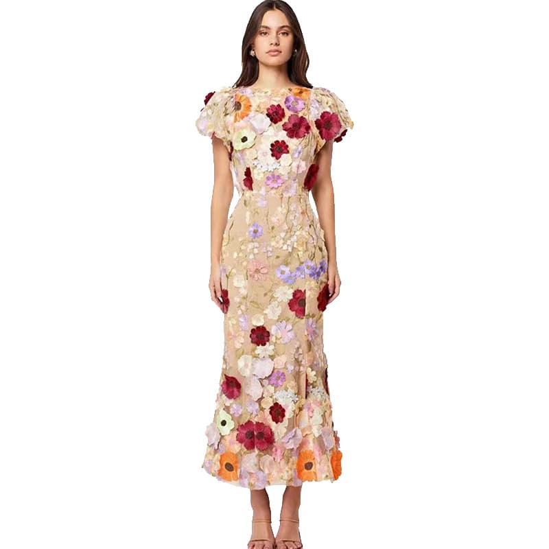 Women's Three-Dimensional Flower Puff Sleeve Mid-Length Dress Hip Skirt