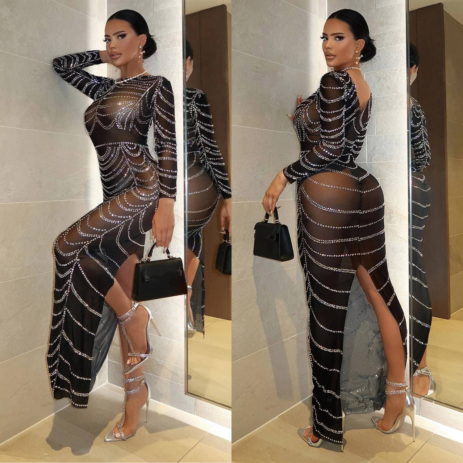 Women's Clothing fashionable and sexy tight fitting long sleeved slim nightclub hot diamond dress