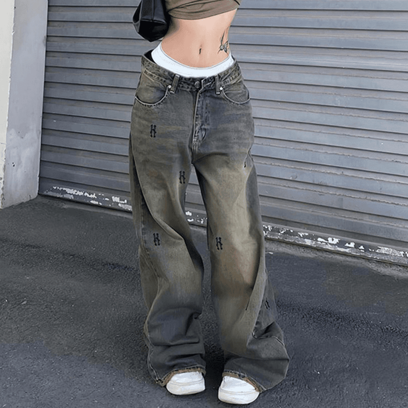 Women's Clothing Street Hot Girl Style Washed Old Letter Print Jeans Low Waist Loose Wide Leg Drag Casual Trousers For Women