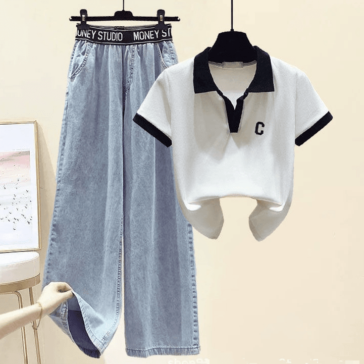 Lapel Polo Shirt Short-sleeved T-shirt New Loose High Waist Korean Wide-leg Pants Denim Suit
