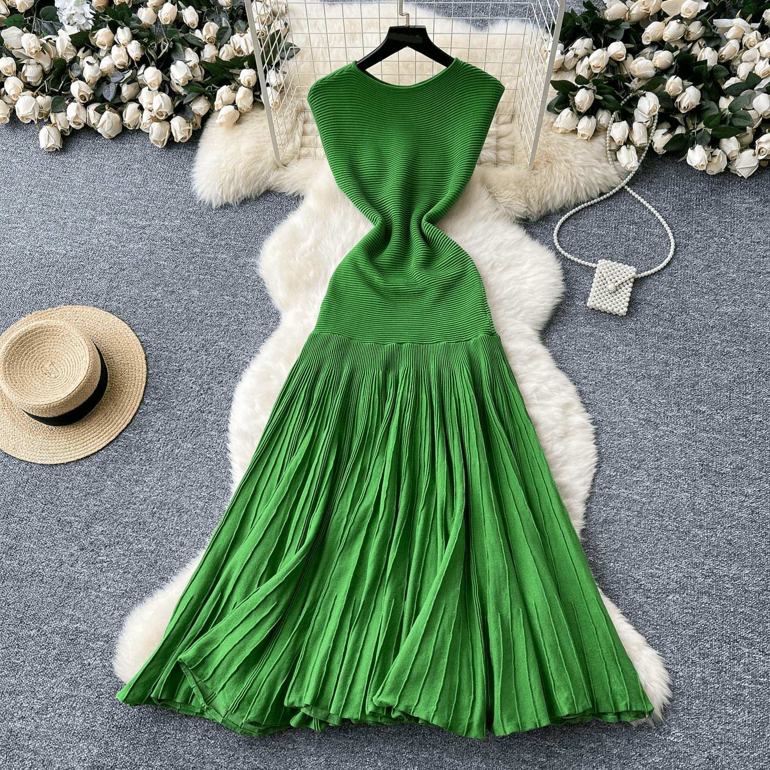 Women's Clothing Light Luxury Celebrity High End Sleeveless Knitted Dress Female Summer Pleated Splicing Slim Fit Royal Sister Temperament Long Skirt