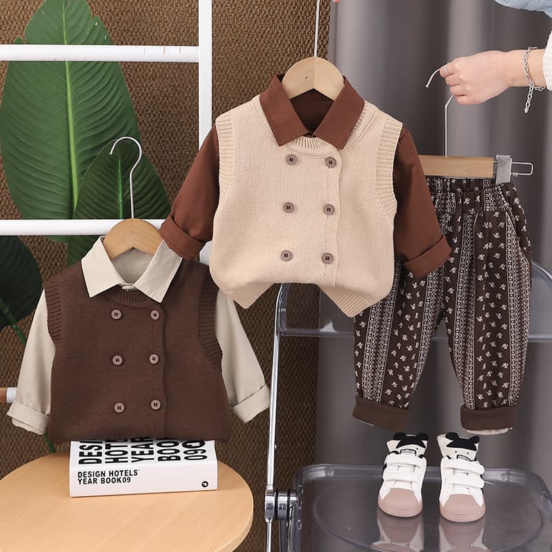 Bestseller Boys' Trendy Clothing 2026 Spring Autumn New Style: Stylish Double-Breasted Sweater, Vest, And Three-Piece Set For ALYCExiyuebaobao