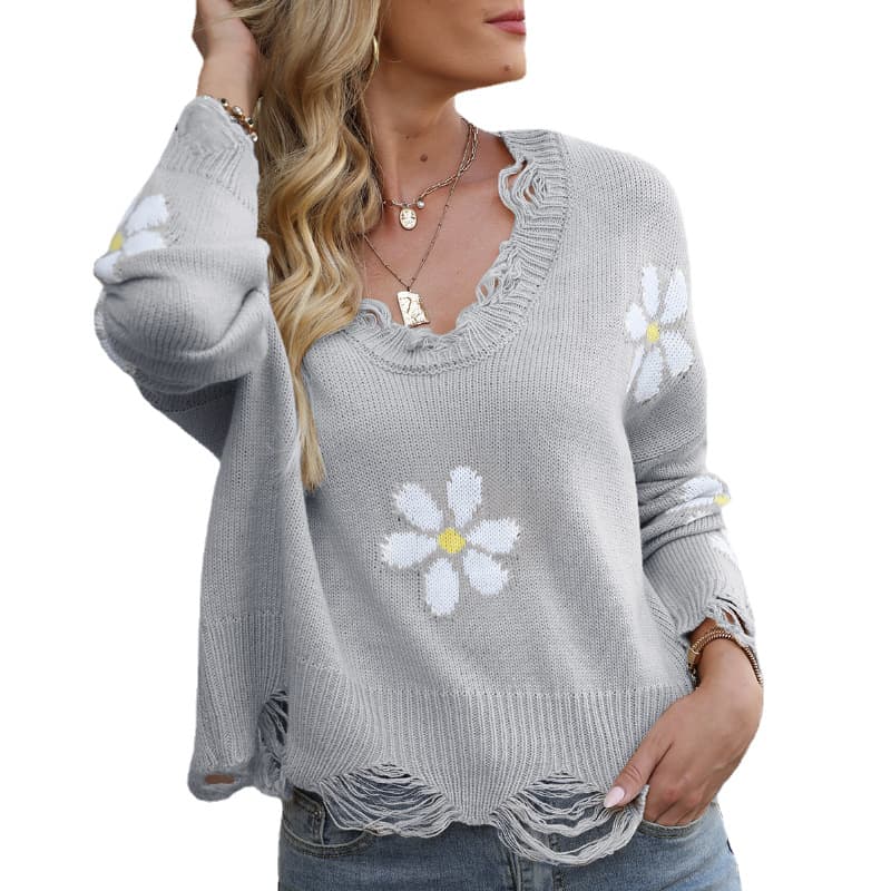 Autumn And Winter New Style Loose V-neck Pullover Sweater Trendy Sweet Floral Design Ripped Sweater For Women