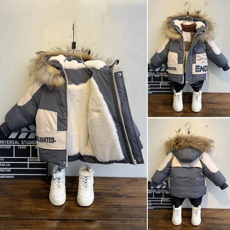 Winter Boys Coat 2024 New Baby Fur Collar Hooded Cotton Plus Velvet Thicken Warm Jacket For Children Parka 2-8years Kids Clothes