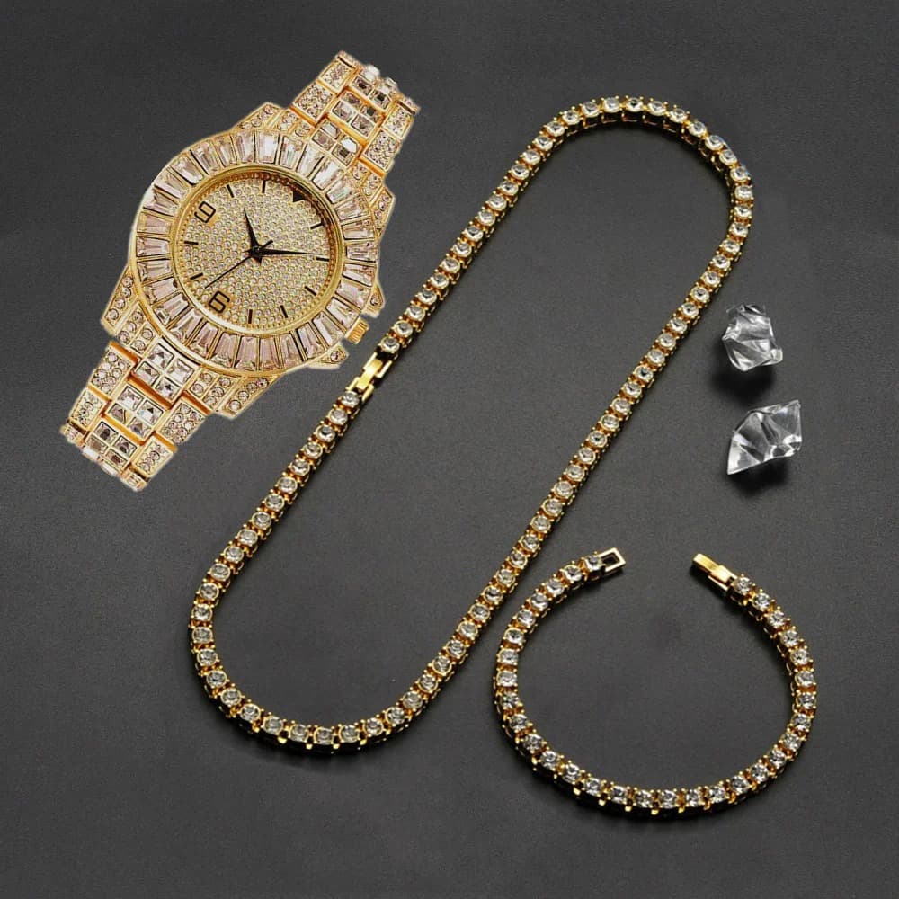 Hip Hop Watch Bracelet Necklace Set Diamond Gift Quartz Watch