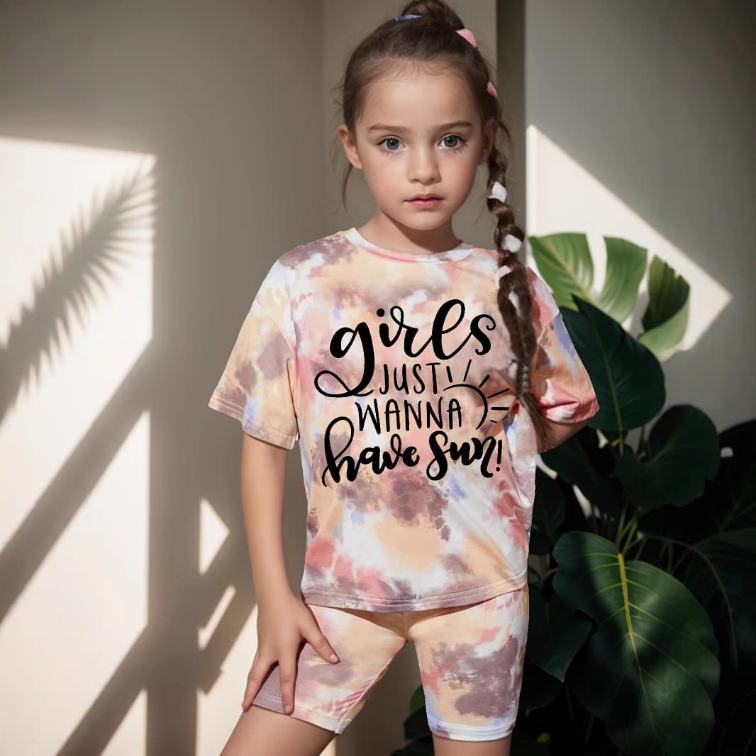 Mother & Kids INS Girls Summer Casual Tie Dye Full Print Round Neck Short Sleeve 2 Piece Set Fashion Casual Suit