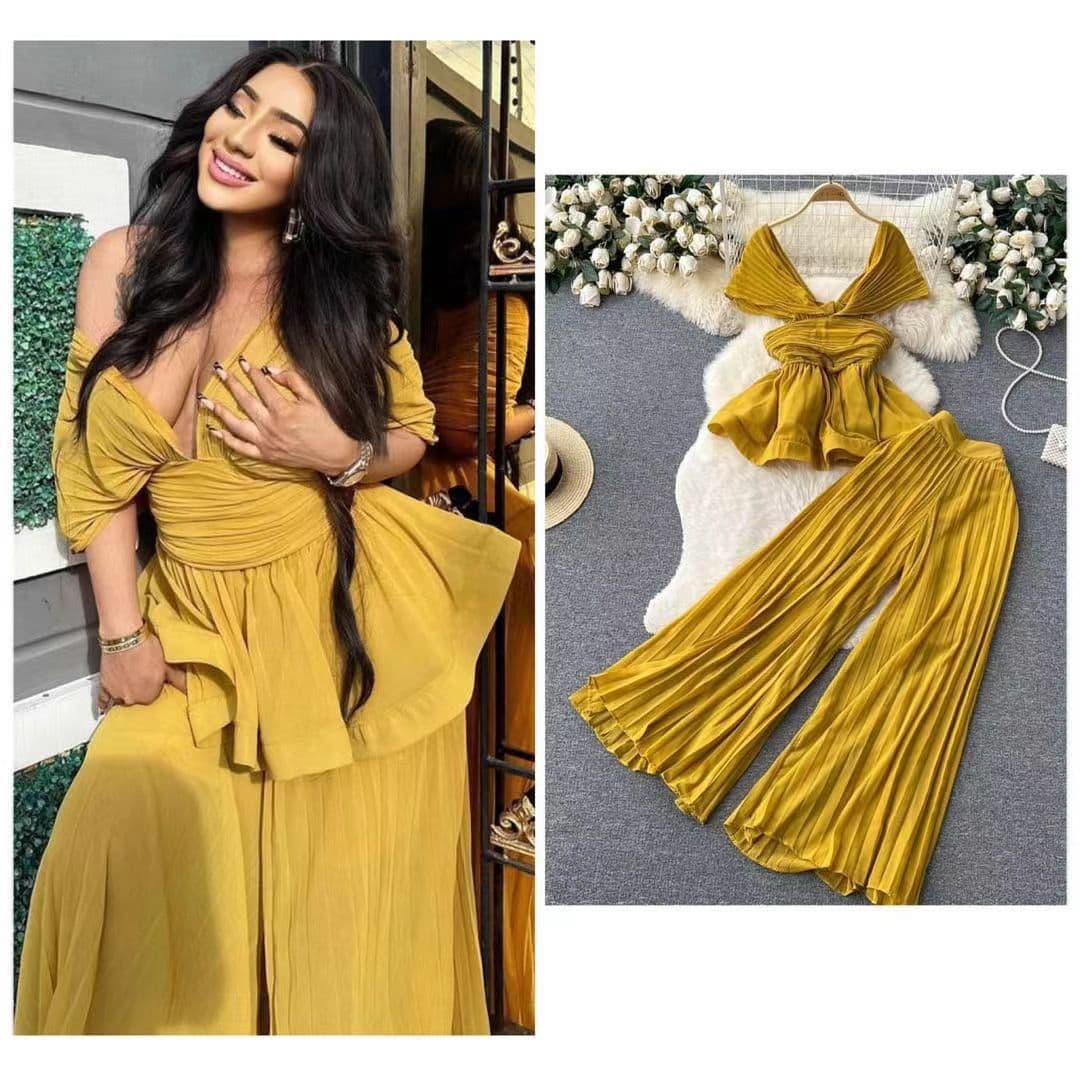 Women's Clothing High End Elegant Fashion Suit For Women Summer Pleated Sleeveless Chiffon Top High Waisted Wide Leg Trousers Two Piece Trendy Set