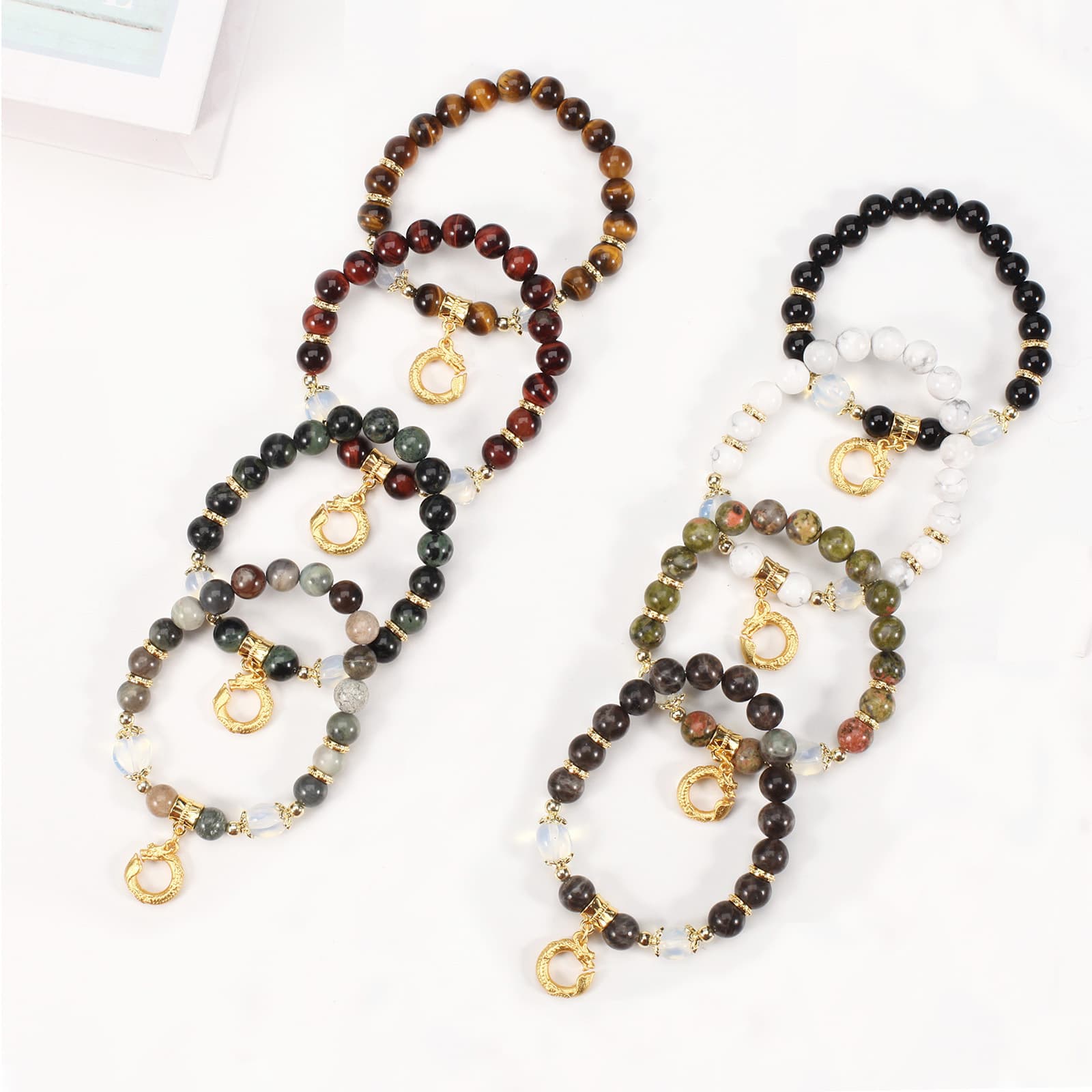 Ancient Golden Dragon Head Pendant 8mm Round Beads Natural Stone Bracelet Female Elastic Adjustable