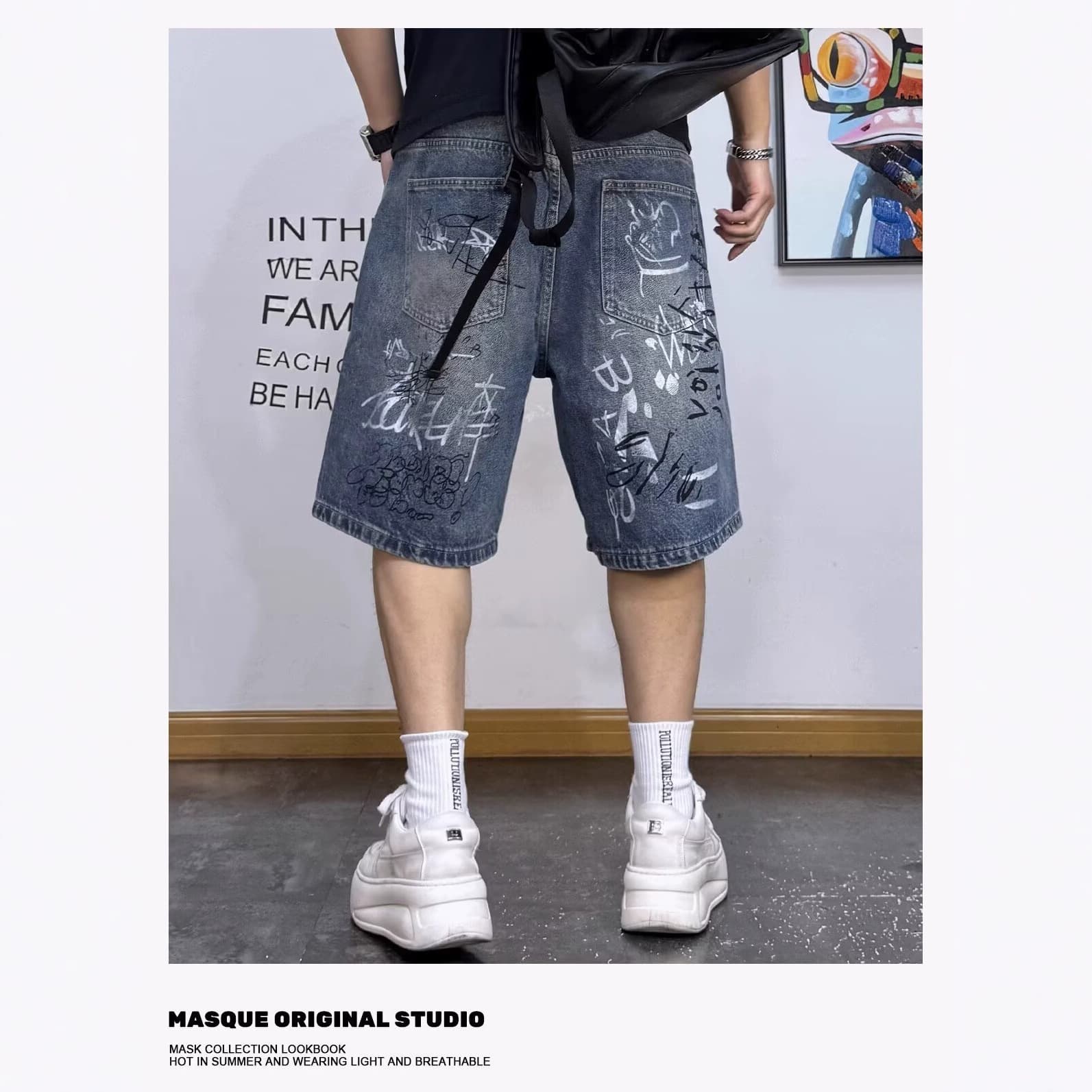 American Retro Distressed Graffiti Denim For Men Summer Straight Wide-Leg Street Style Loose Casual Five-Point Shorts