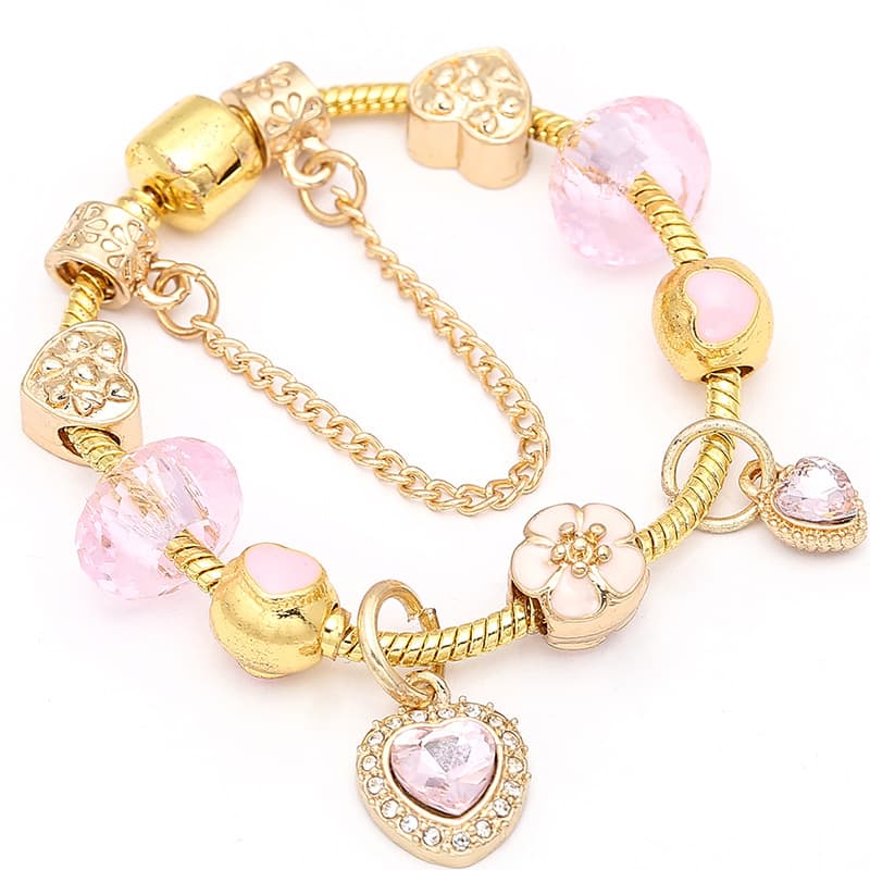 Elegant Crystal Beaded Bracelet For Women, Gold & Pink Handmade Adjustable Charm Bracelet, Fashion Jewelry Gift For Her​