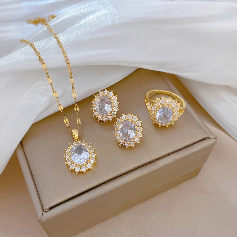 Stainless Steel Chain Oval Circular Micro Inlaid Zircon Woman Necklace Bracelet Earrings Jewelry Set