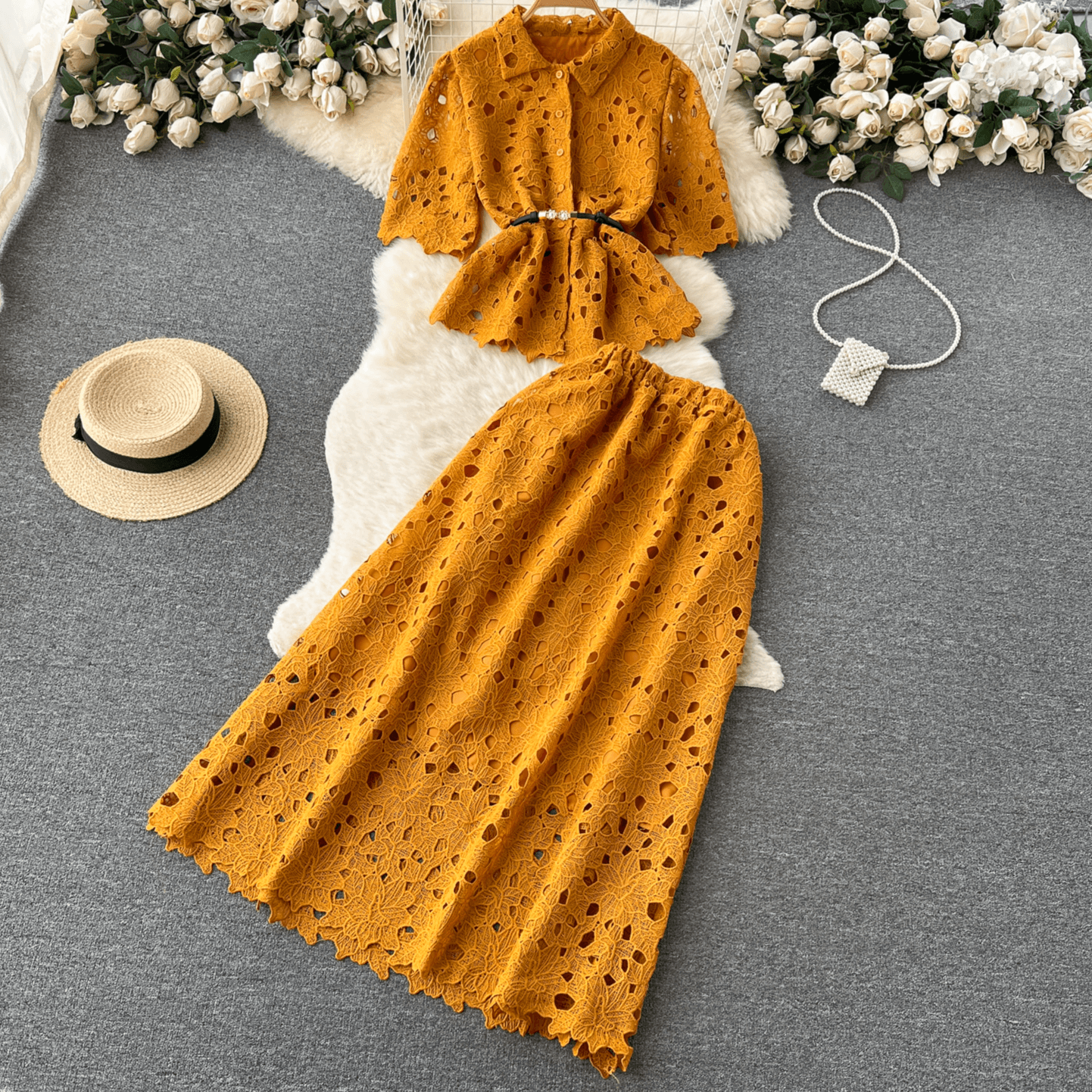 Women's Clothing Summer Light Mature Style Lady Suit Women's Ruffled Lapel Short Shirt Mid Length Pleated Skirt Two Piece Suit