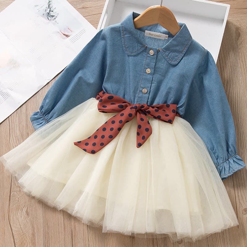 Fake two dresses for girls Fashion long sleeve denim skirt Polka dot belt skirt