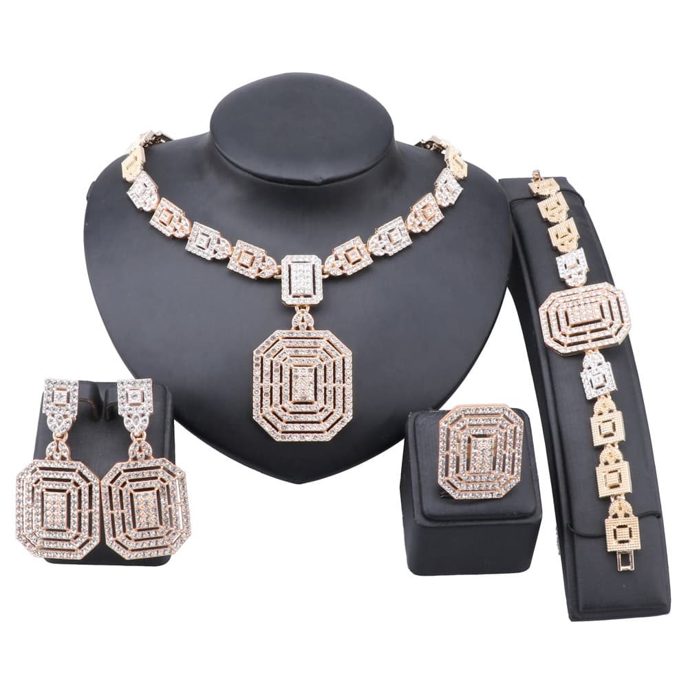 Luxury Gold Color Crystal Rectangle Jewelry Sets For Women Necklace Earrings Ring Bracelet Christmas Birthday Gift