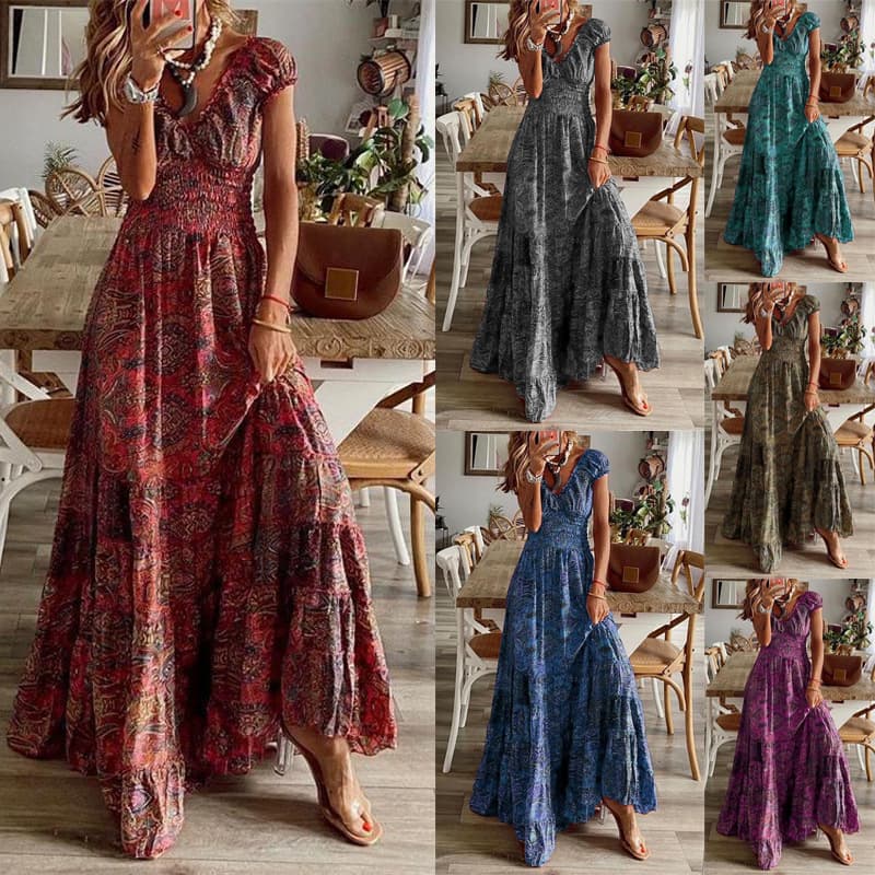 Women's Clothing Long Dress Waist Wrapped Fragmented Flower Print Large Swing Dress