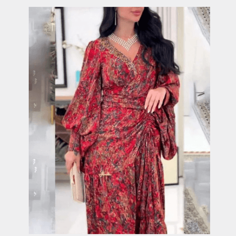 Women’s Clothing spring and summer new long skirt patchwork waist skirt V neck printed belt dress