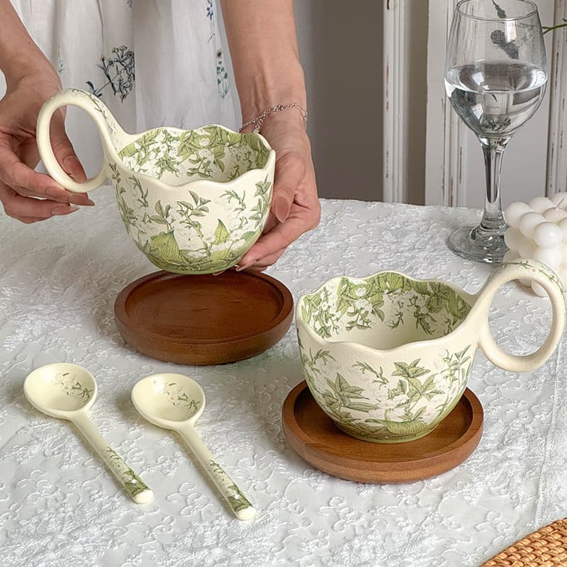 Ceramic Coffee Cup with Spoon Breakfast Oatmeal Bowl Heated Milk Mug with Curved Handle Lily of the Valley Design