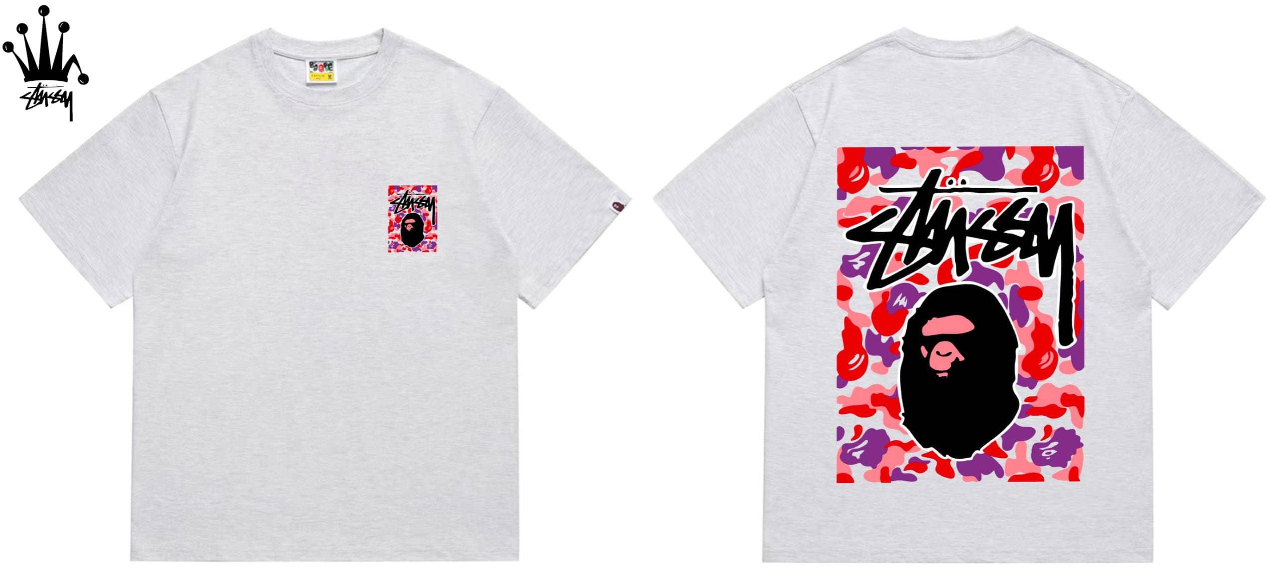 Stussy&Ape Co Branded Design Logo Letter Ape Pattern Printed Casual Loose Cotton Short Sleeved T-shirt For Men And Women