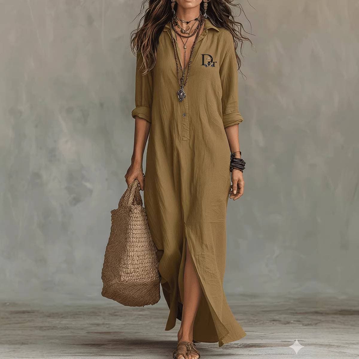 Robe longue fendue à col en V pour femme - Tunique de plage style resort - 1