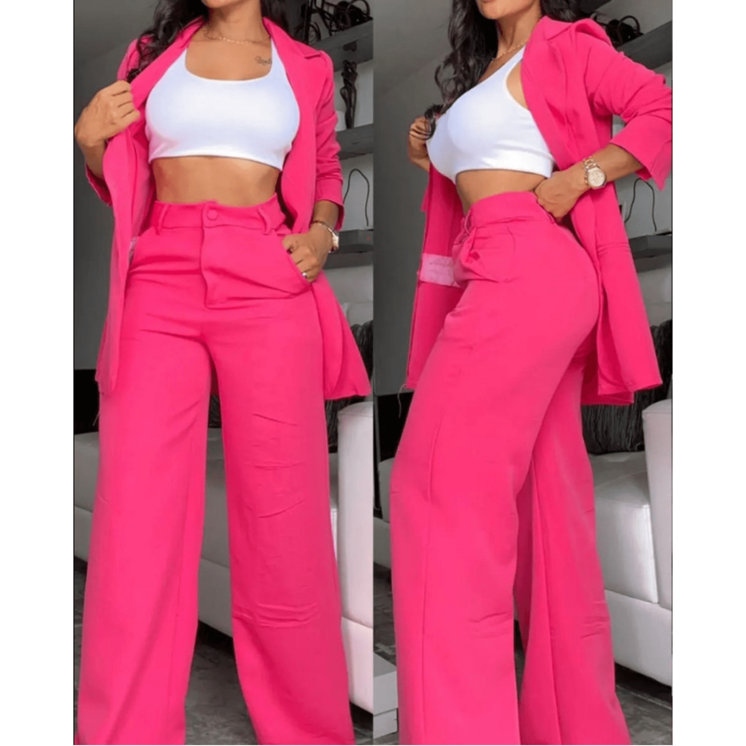 women's clothing, elegant and solid color split sleeve lapel suit with pockets and straight pants suit