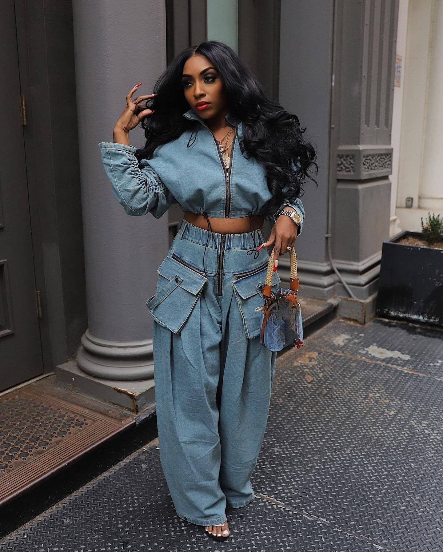 Women's Clothing Fashion Retro Wide Leg Loose Heavy Duty Denim Two Piece Suit Women's Clothing