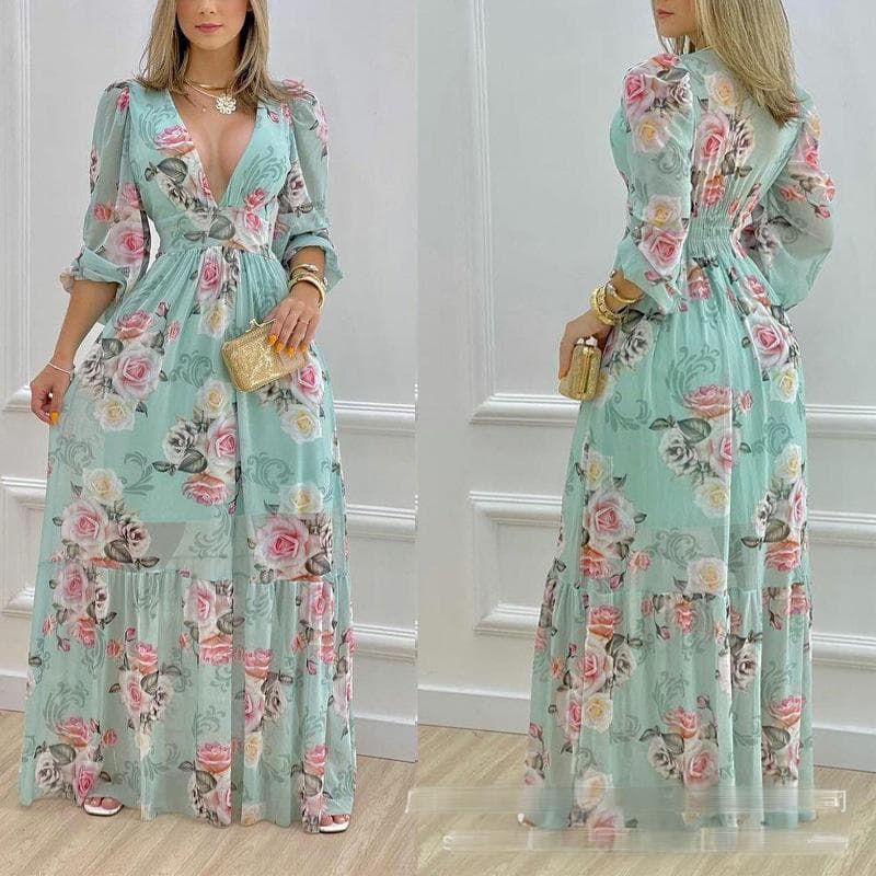 Women's Clothing Printed V Neck Lantern Sleeve Waist Dress