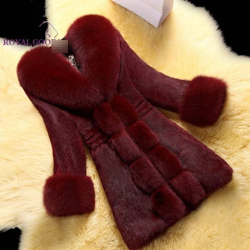 Elegant Faux Fur Coat For Women - Long Sleeve, V-Neck, Mid-Length Winter Jacket With Detachable Fur Collar, Red/Black/White/Green/Grey/Khaki​​