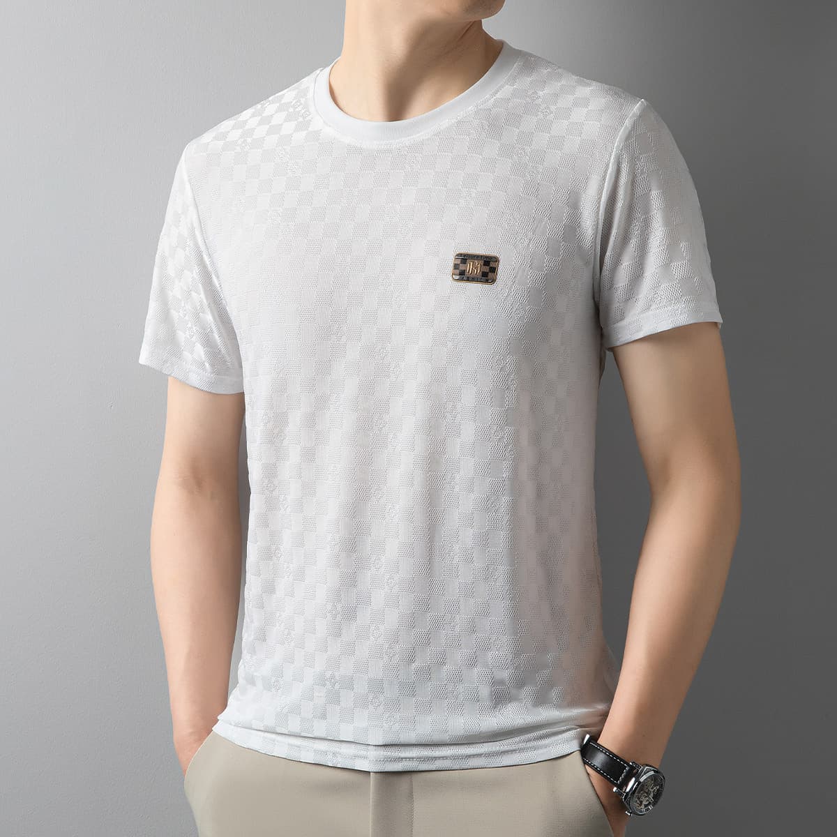 Men's Clothing Ice Silk Round Neck Short Sleeve T shirt High end Jacquard Cool Breathable Summer Thin T shirt Knitted Half Sleeve Top