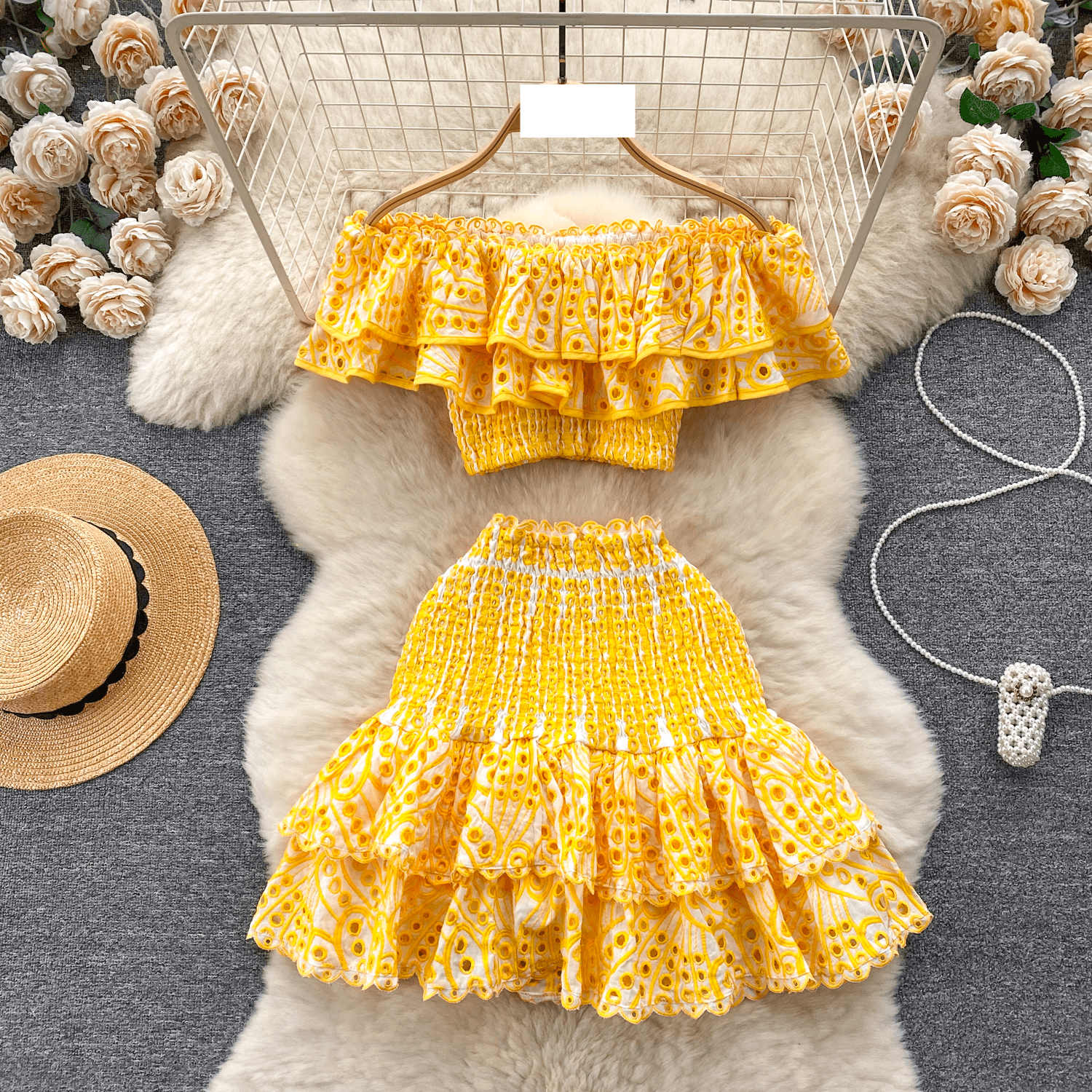 Women's embroidery, hollow ruffled one-shoulder top, short skirt, two-piece set