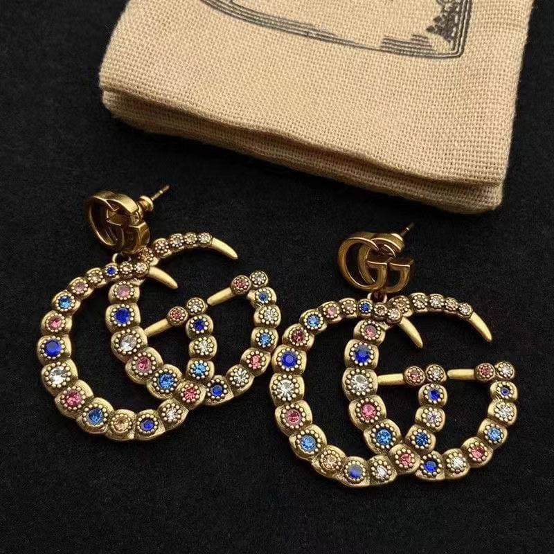 Boucles d'oreilles pendantes classiques rétro colorées en cristal de zircon, lettre double G, pour femmes, breloque de luxe, bijoux de fête, cadea