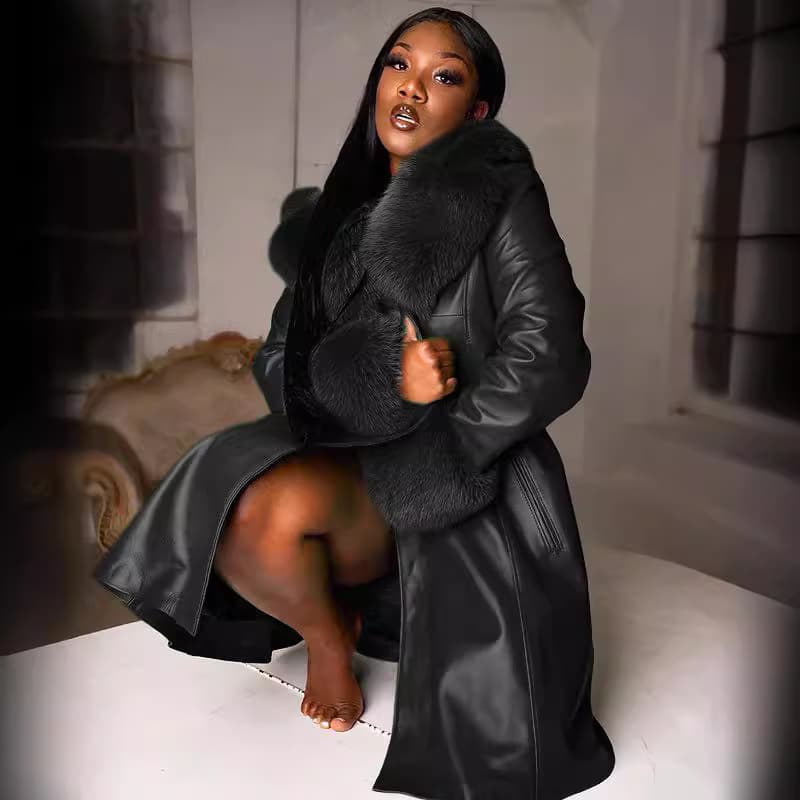 Women's Long PU Leather Trench Coat With Faux Fur Collar Slim Fit Zip Jacket Winter Outerwear Office Commute Elegant