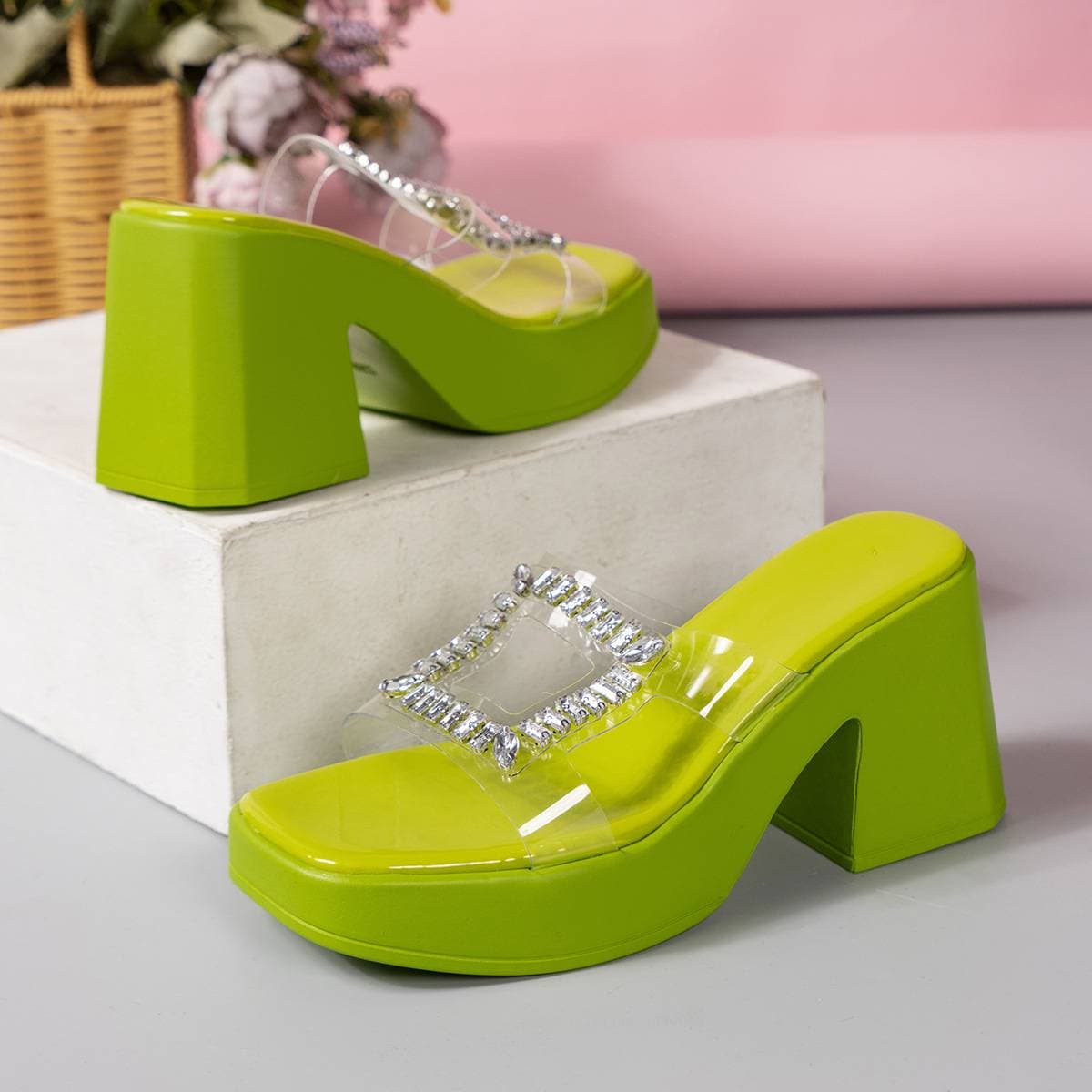 Women’s Shoes Platform Sandals – Rhinestone Square-Toe Slide Shoes (4 Colors & 7 Sizes)​​