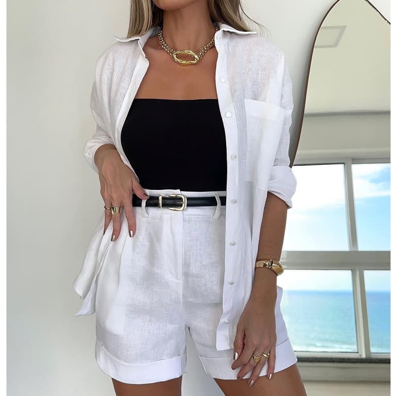 women's clothing 2024 new solid color fashionable casual long-sleeved shirts, belts and shorts women's suits
