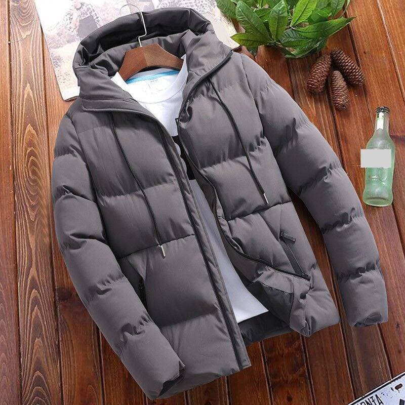 ​Men's Solid Color Hooded Winter Jacket - Thickened Polyester Coat With Zip Front, Side Pockets, Slim Fit For Casual Streetwear