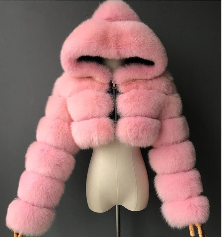 Women's Clothing ​​Stylish Faux Fur Hooded Coat – Women’s Short Sleeve Fox Fur-Like Jacket With Patchwork Design​​