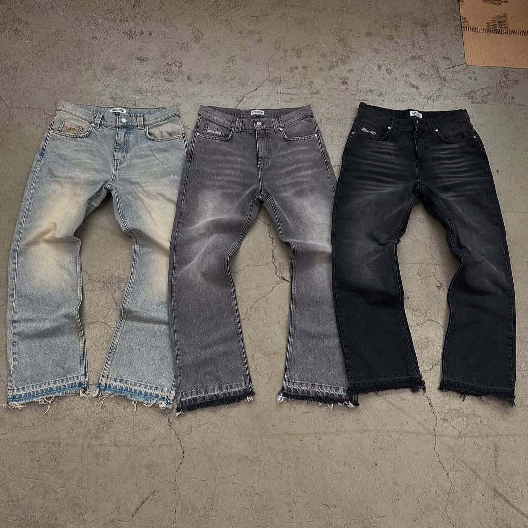 Vintage Washed Men's Jeans Distressed Denim Pants Streetwear Style Grey Black Blue Retro High Street Fashion for Winter