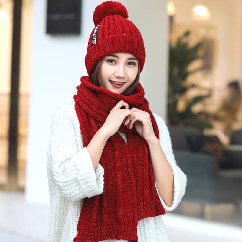 Winter Scarf Two piece Set Mesh Red Warm and Plush Thickened Women's Windproof Fashion Knitted Hat