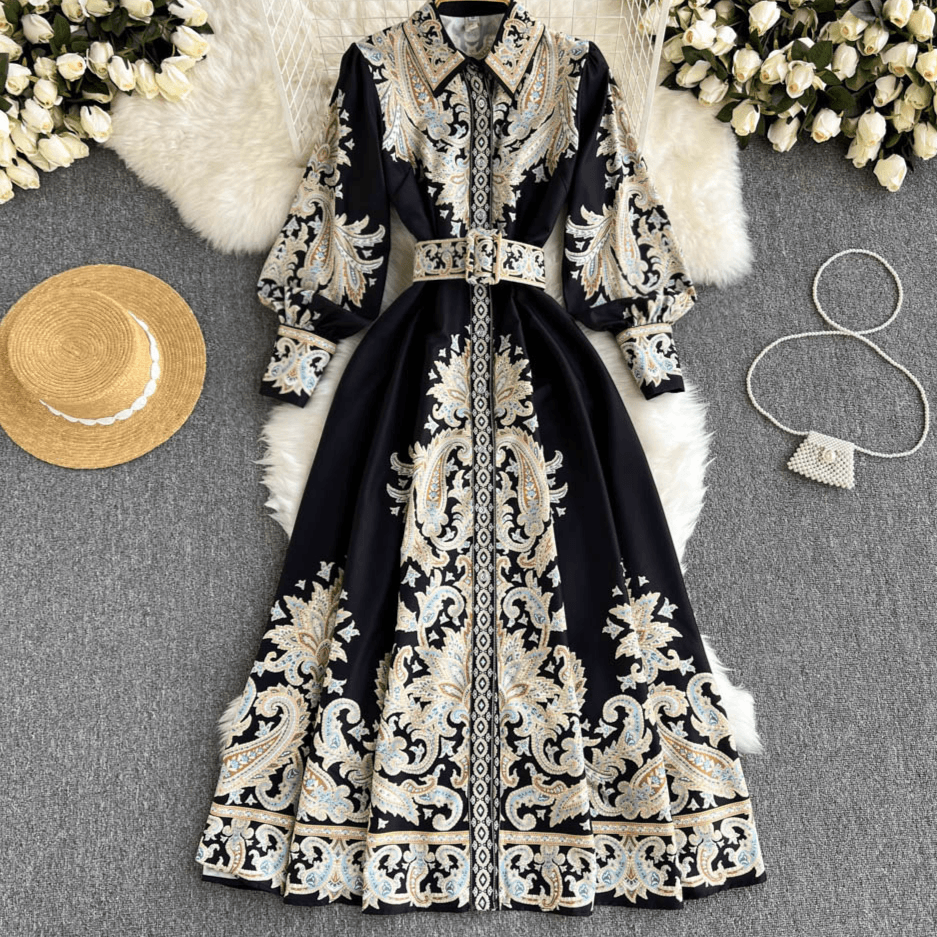 Women's Clothing Retro Print Temperament Polo Collar Shirt Long Skirt Autumn And Winter New High End Waist Dress