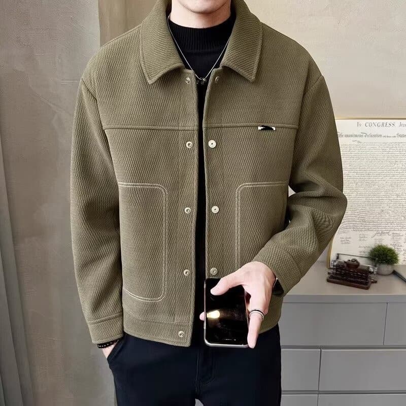 Autumn Winter New Men's Trendy Brand Handsome Collar Business And Leisure Versatile Coat With Large Pocket Decoration